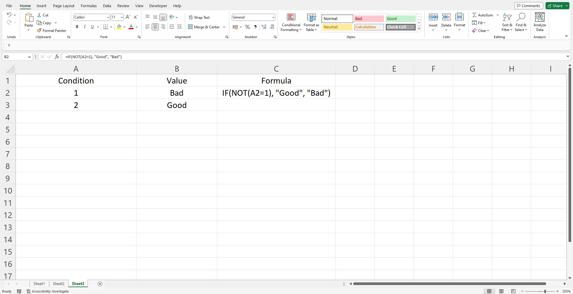 Sample data and not function formula in an Excel spreadsheet