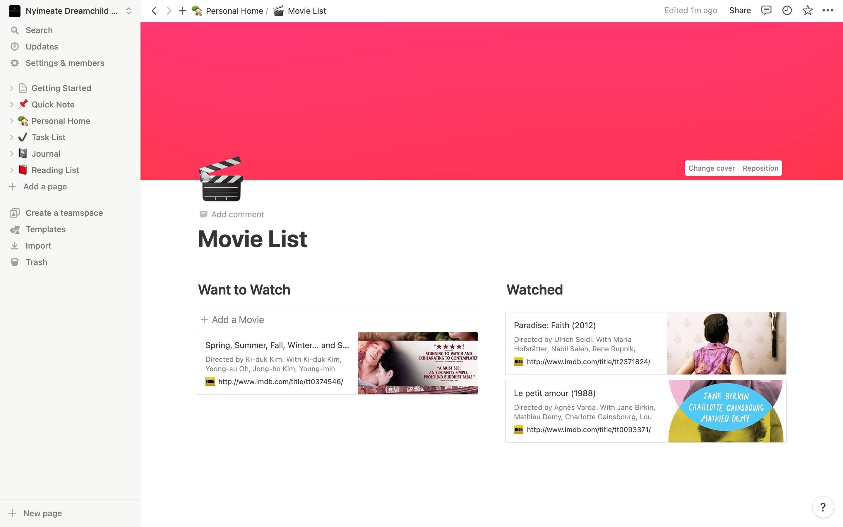 Notion app with movie list template on screen