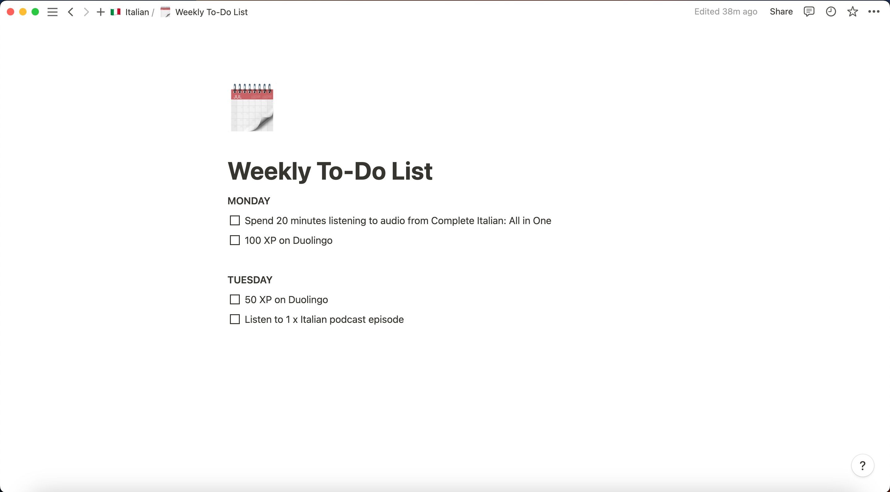 Notion Weekly To-Do List Language Learning Screenshot