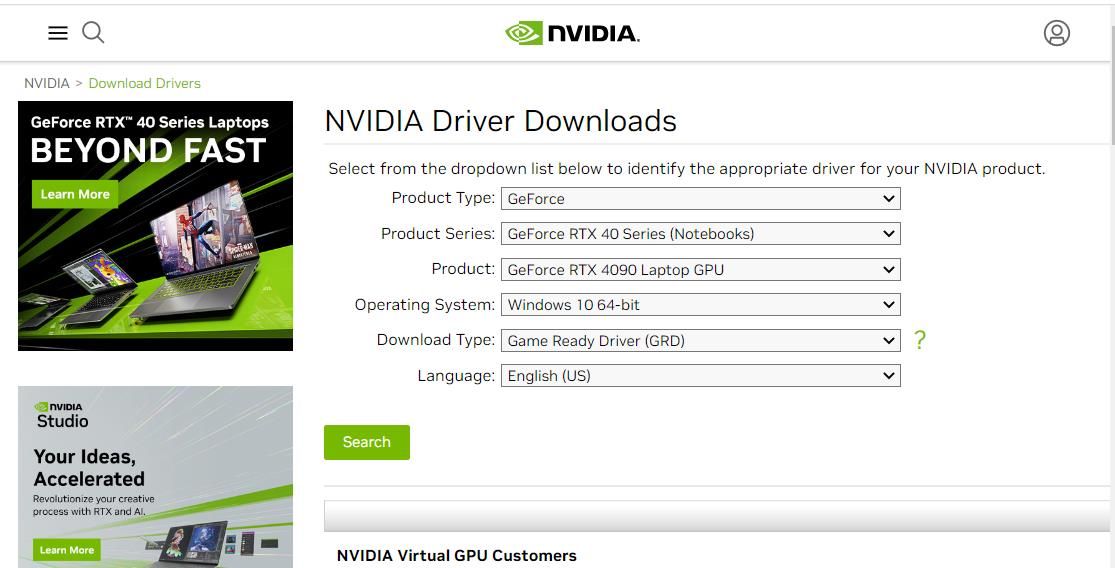 صفحه دانلود درایور NVIDIA