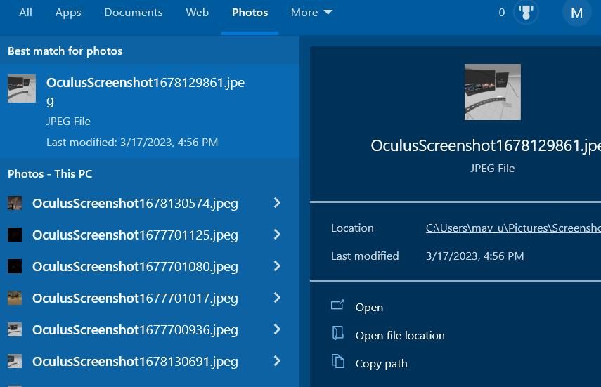 An PC VR screenshot search in Windows 10