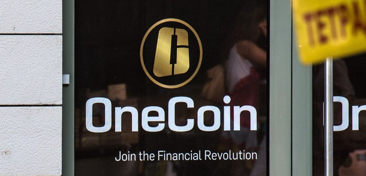 OneCoin logo on the door of their office in Sofia, Bulgaria