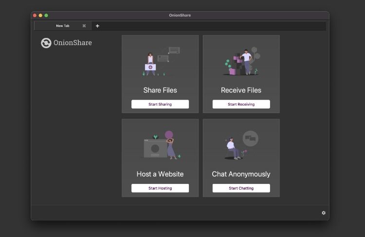 aplicativo de compartilhamento de arquivos onionshare com opções para compartilhar ou receber arquivos