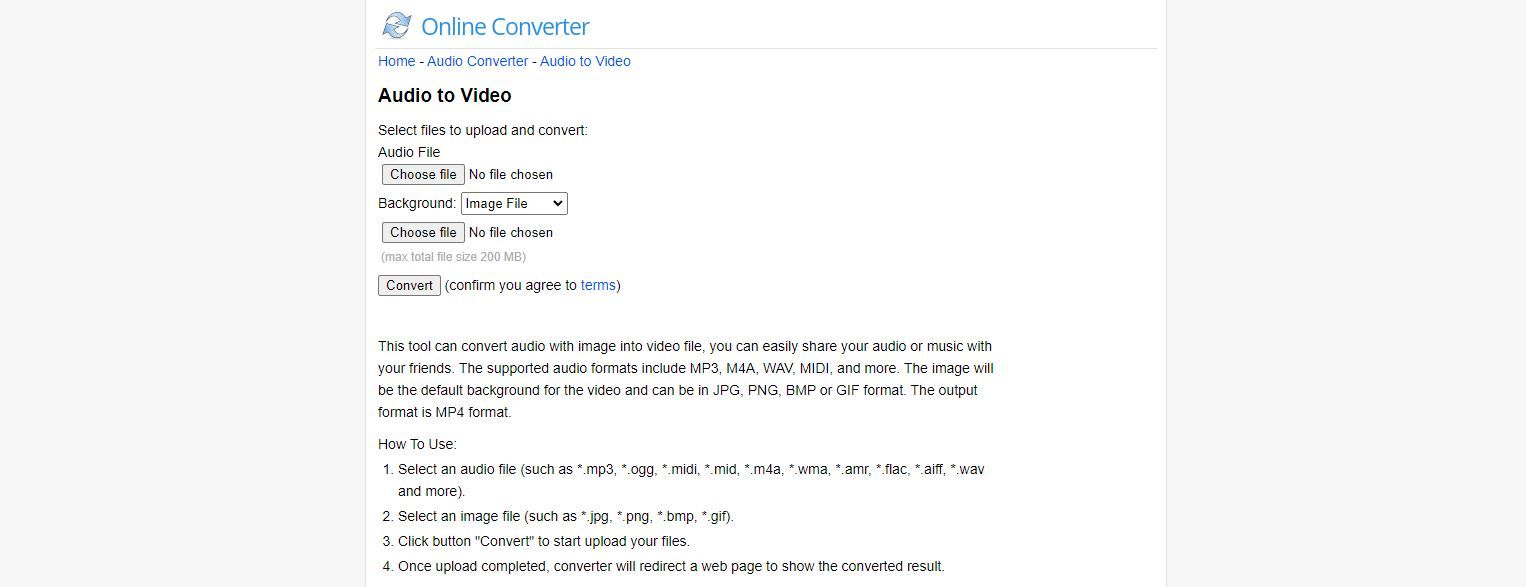 A Screenshot of the Audio to Video Online Converter Landing Page
