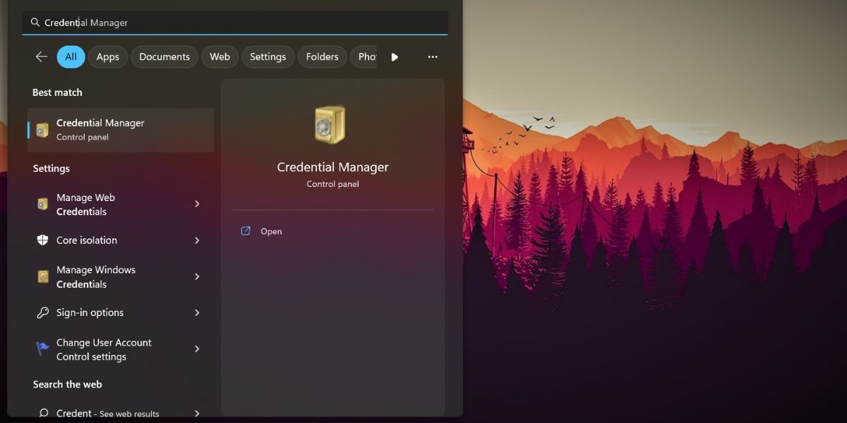 Credentials Manager را با استفاده از جستجوی ویندوز باز کنید