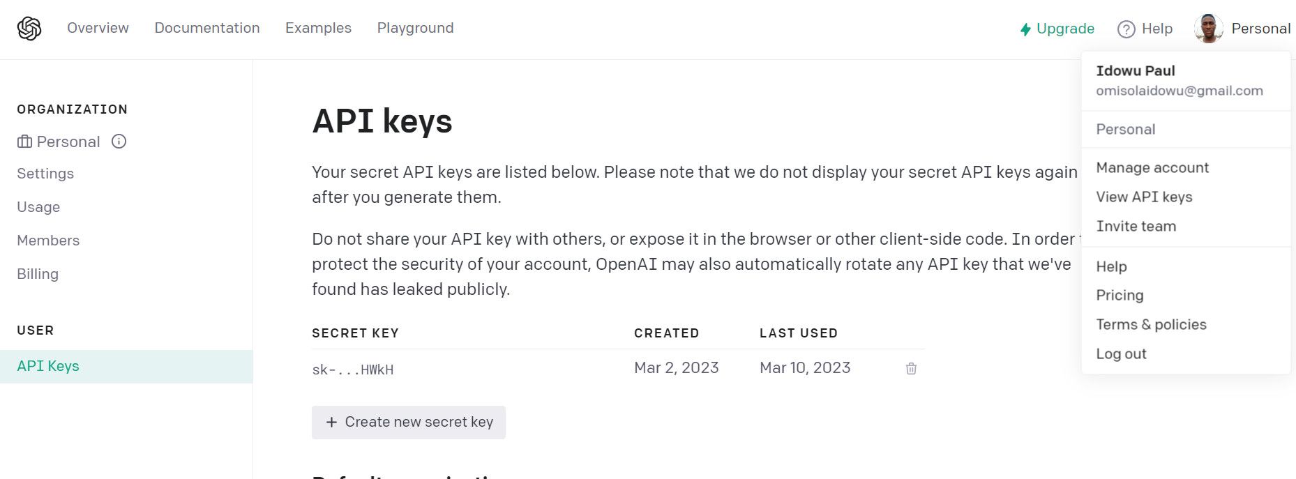 OpenAI API secret key page