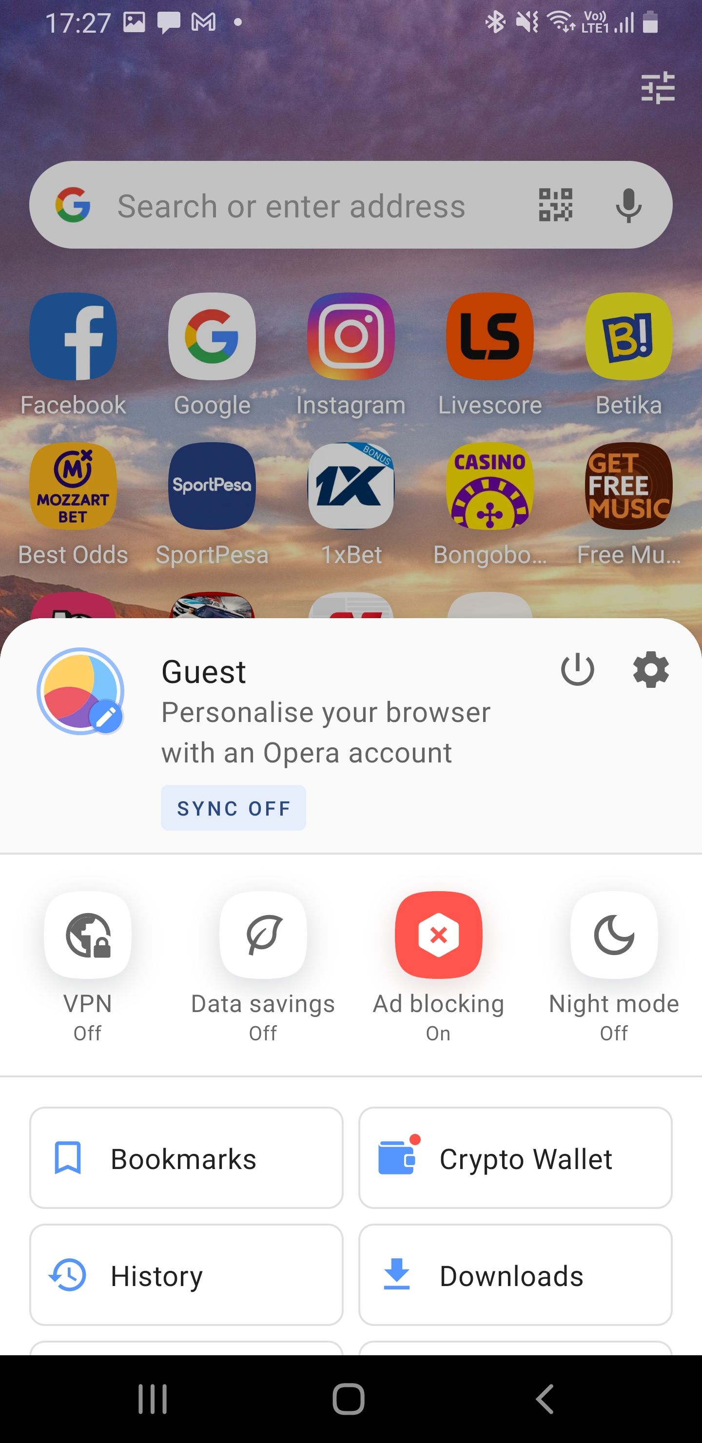 Opera browser menu