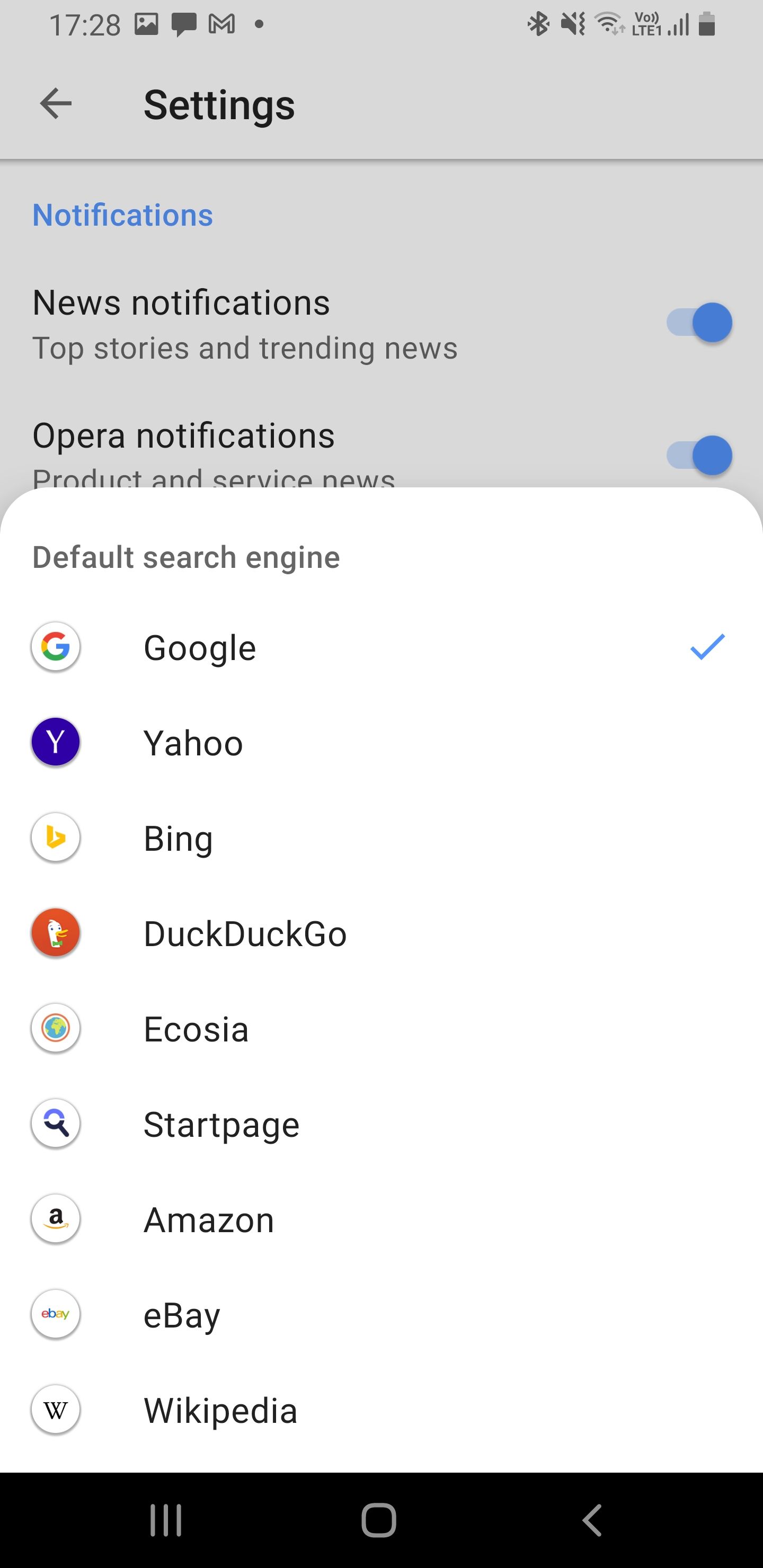 Opera browser search engines