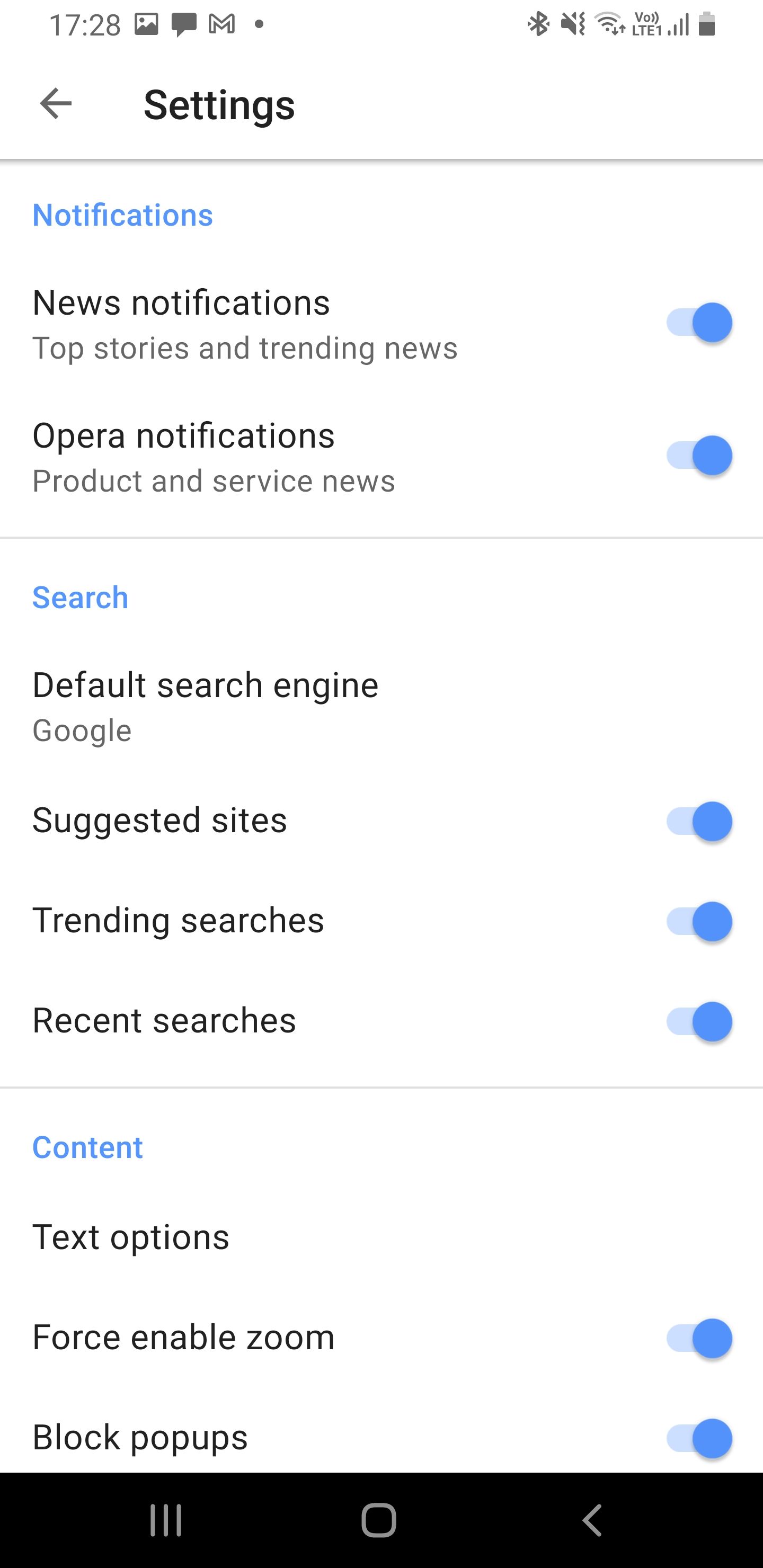 Opera browser settings options