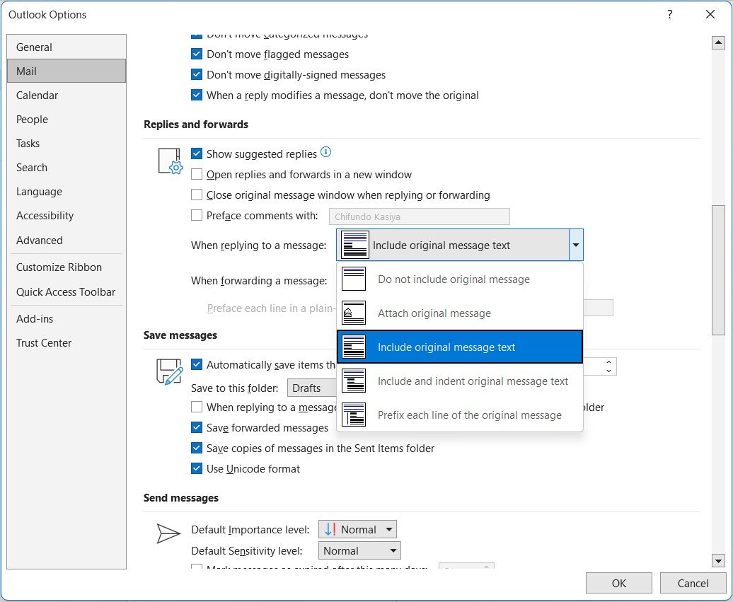 menyetel menu tarik-turun balasan dan penerusan yang mengubah tampilan pesan asli di Outlook di Windows