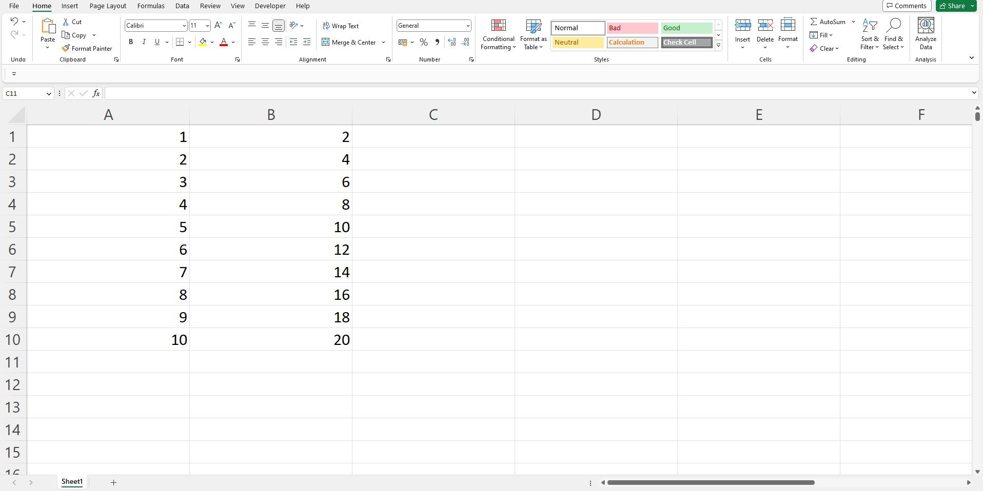 Antarmuka lembar Excel dengan dua kolom data