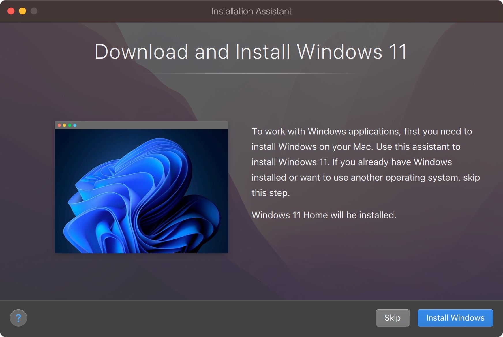 Asisten Instalasi di Parallels Desktop 18 untuk penawaran macOS untuk mengunduh dan menginstal Windows 11