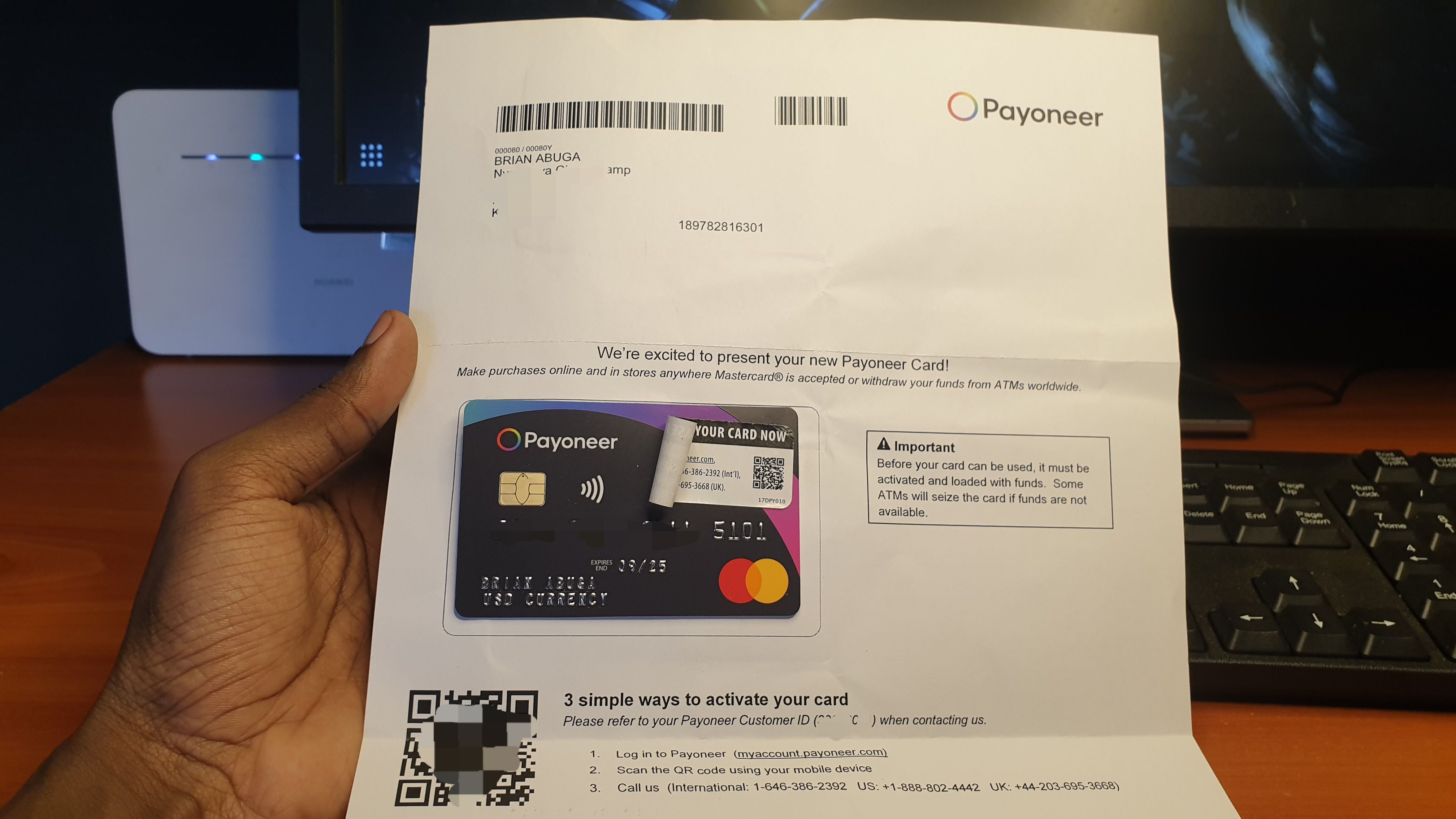 Payoneer MasterCard physical mail delivery