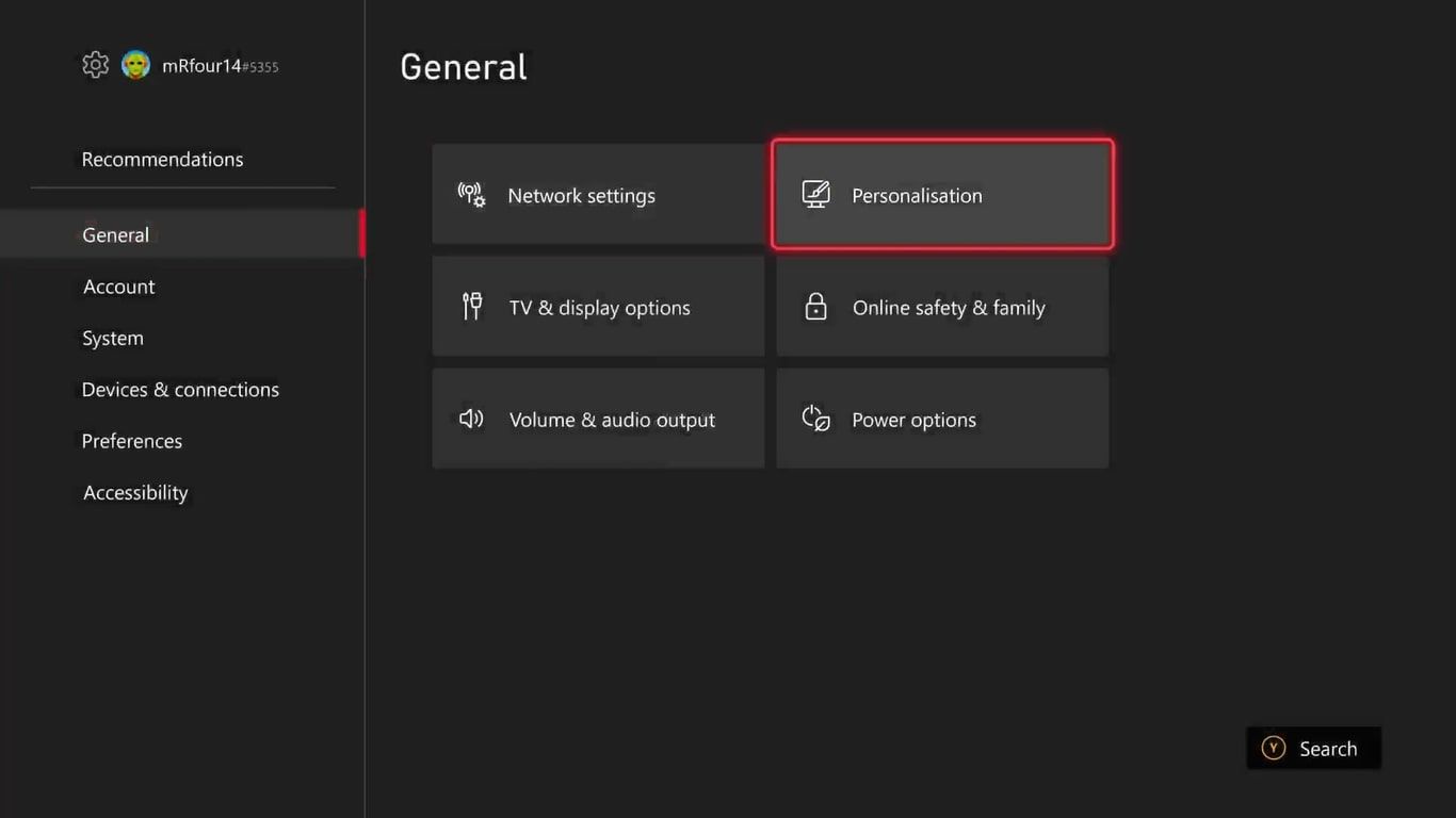 A screenshot of the General settings for an Xbox Series X with the option for Personalization highlighted 