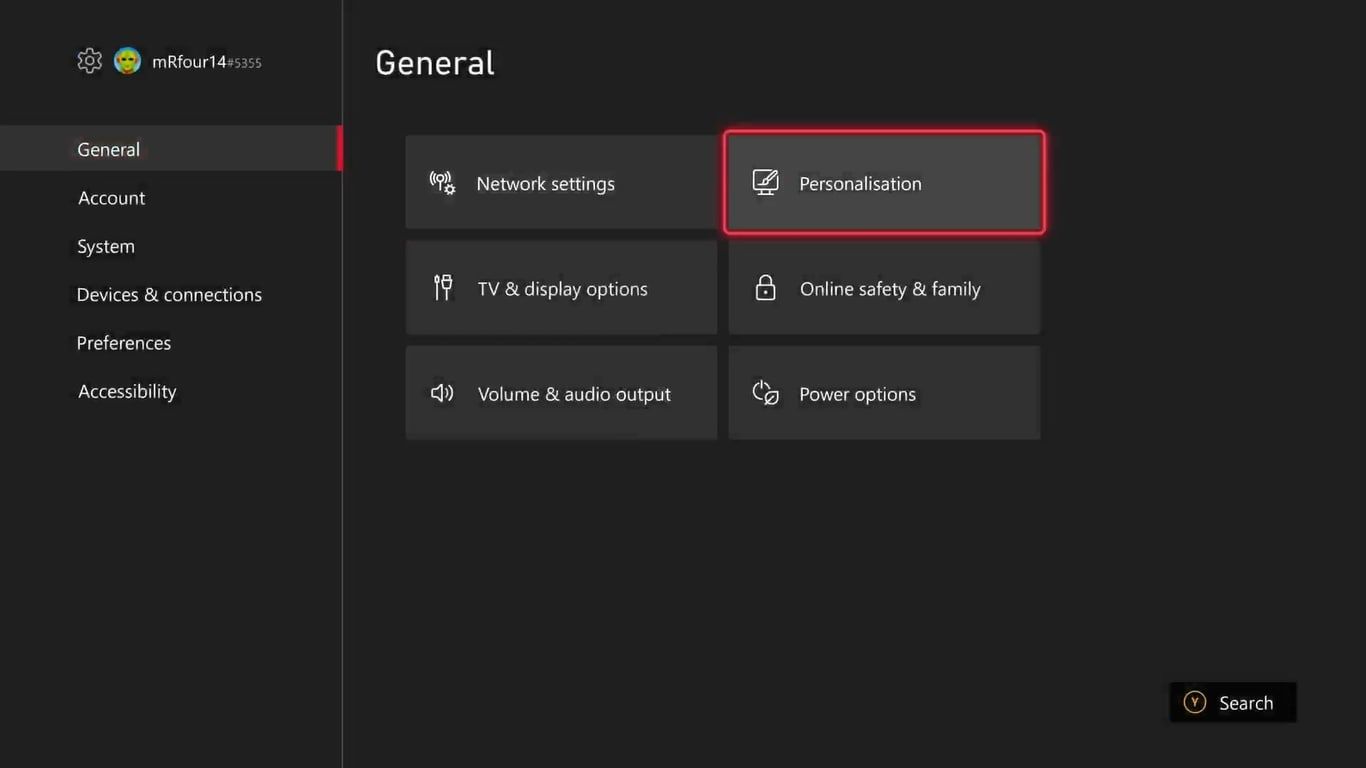 A screenshot of the Settings menu for Xbox Series X with Personalization highlighted