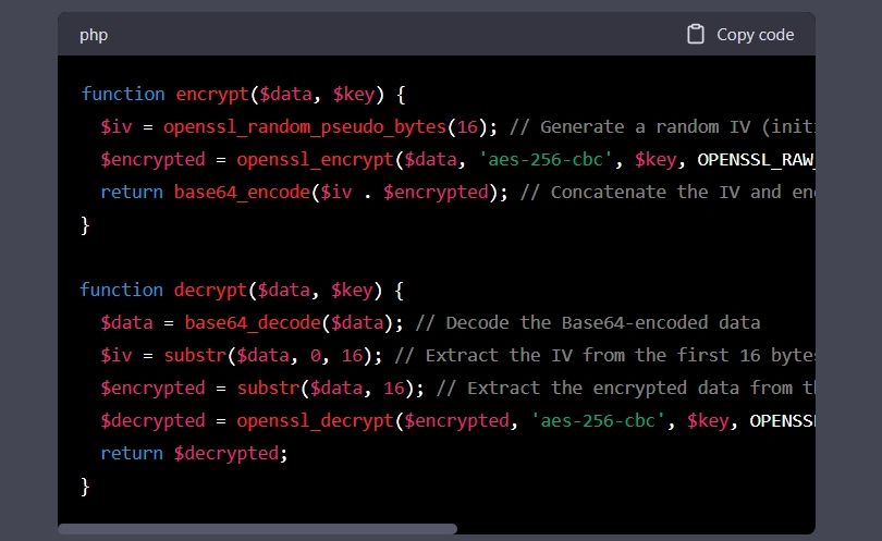 PHP data encryption code
