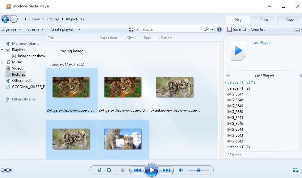 Gambar tayangan slide yang dipilih di Windows Media Player
