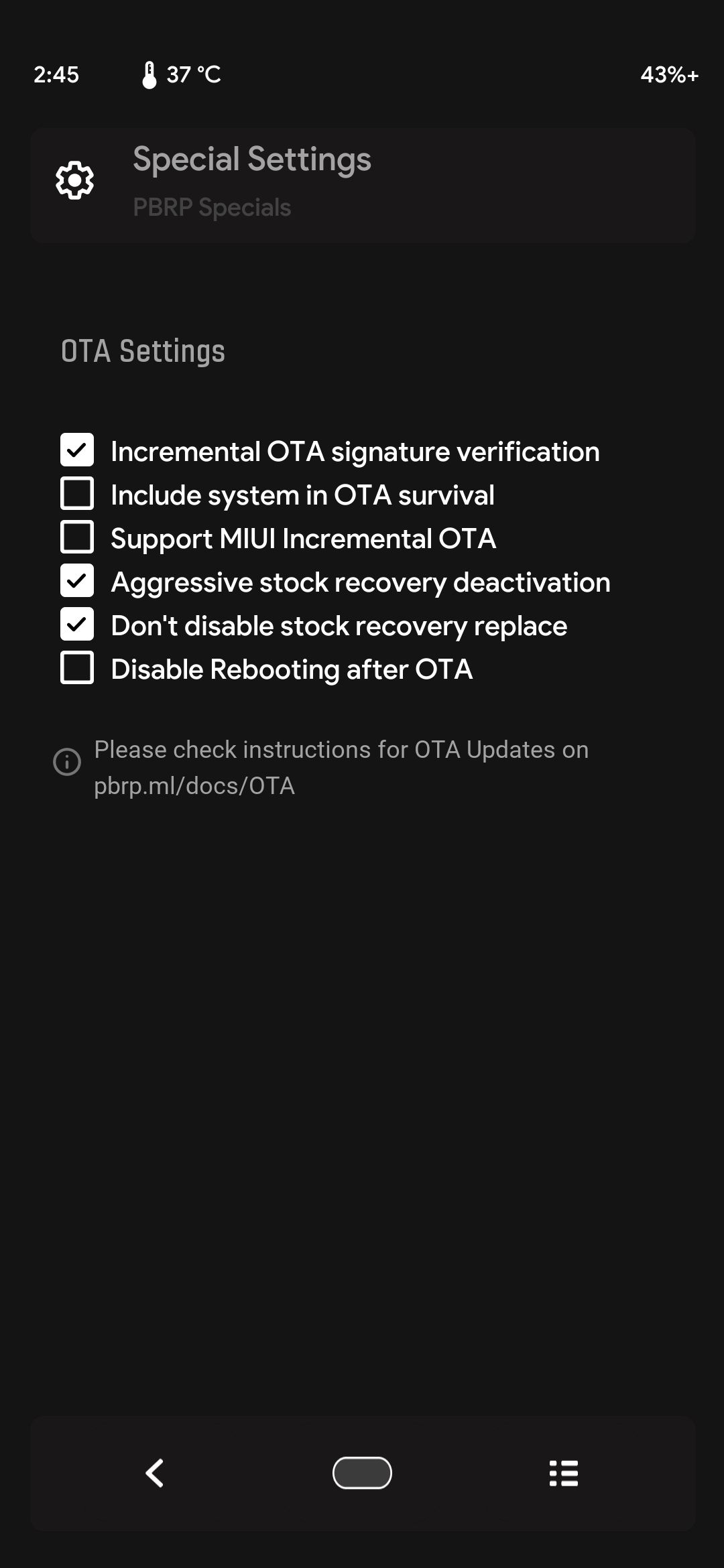 pitchblack recovery special settings screen