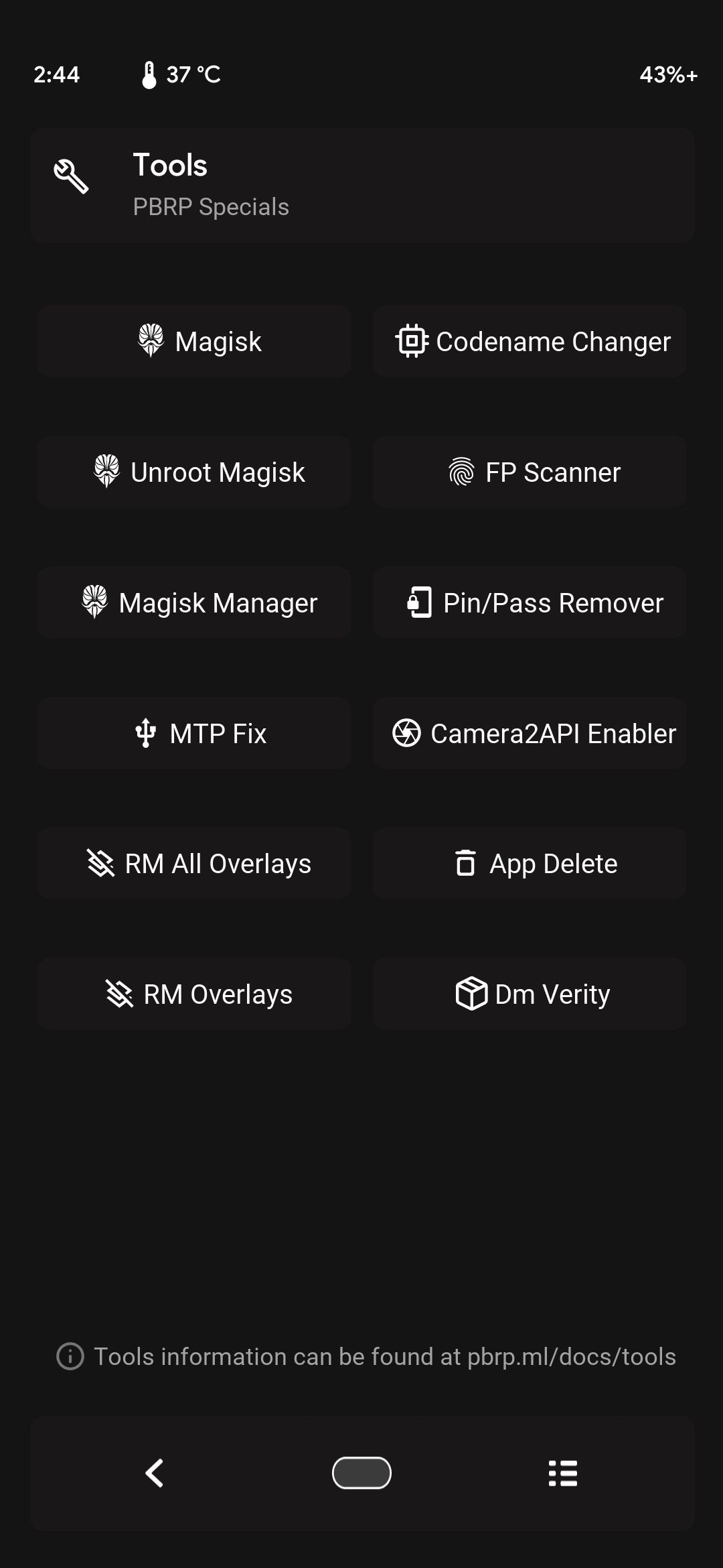 pitchblack recovery tools screen