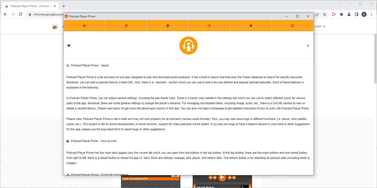 Ảnh chụp màn hình Tiện ích mở rộng Podcast Player Prime của Chrome đang được sử dụng