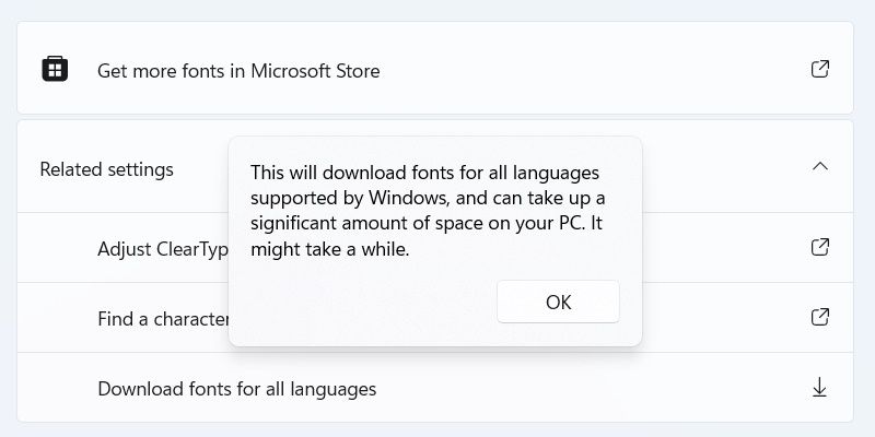 всплывающее окно с вопросом, хотите ли вы продолжить загрузку шрифтов для всех языков в Windows