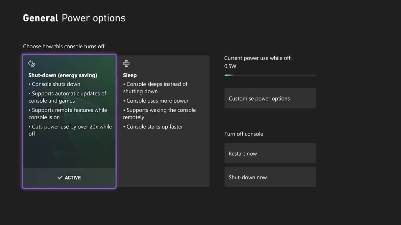 A screenshot of the Power Options for Xbox Series X with the Shut Down mode highlighted
