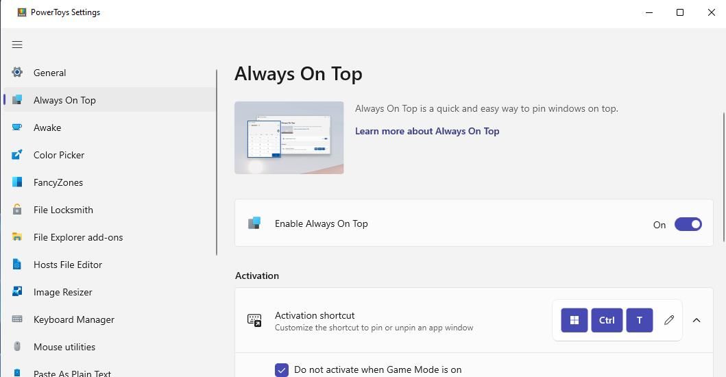 تب Always on Top در PowerToys