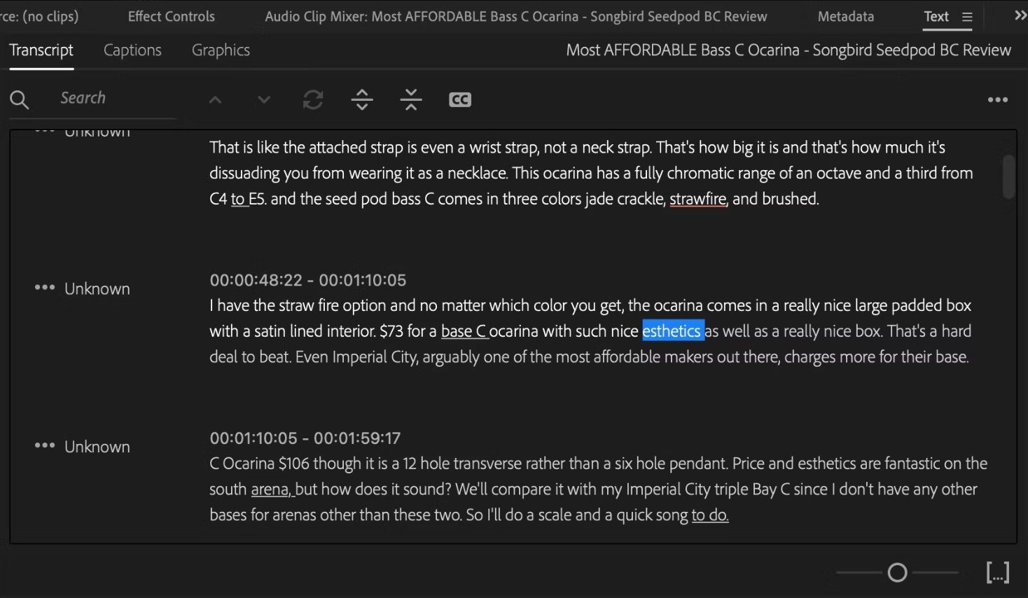 Premiere Pro speech to text transcription with mistake highlighted