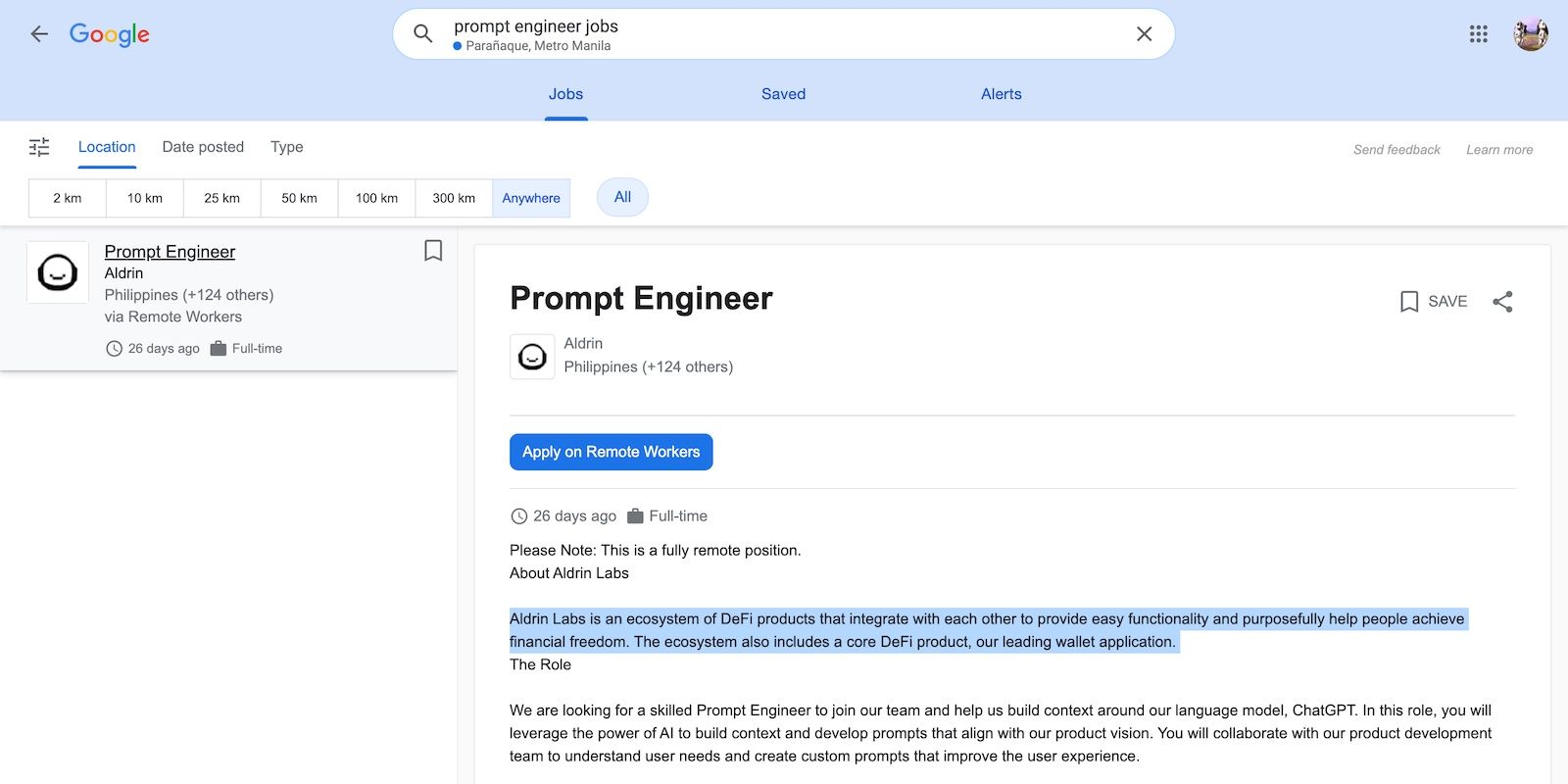 Searching for Prompt Engineer Jobs on Google