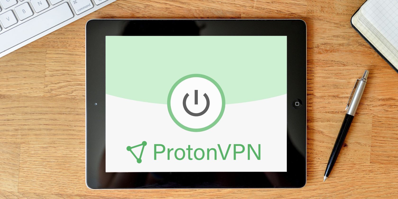 protonvpn logo with power symbol on tablet