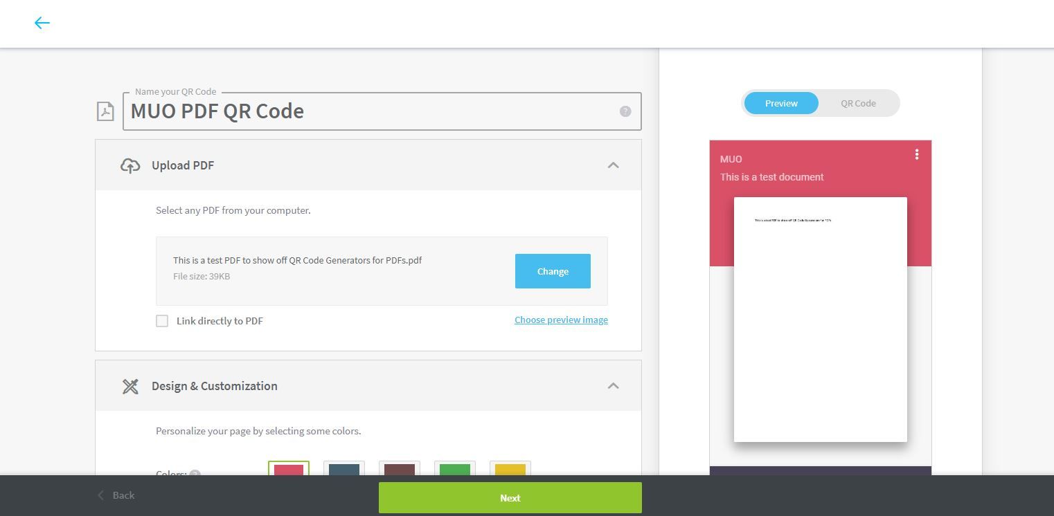 A Screenshot of QR Code Generator for PDF s QR Code Generation Screen