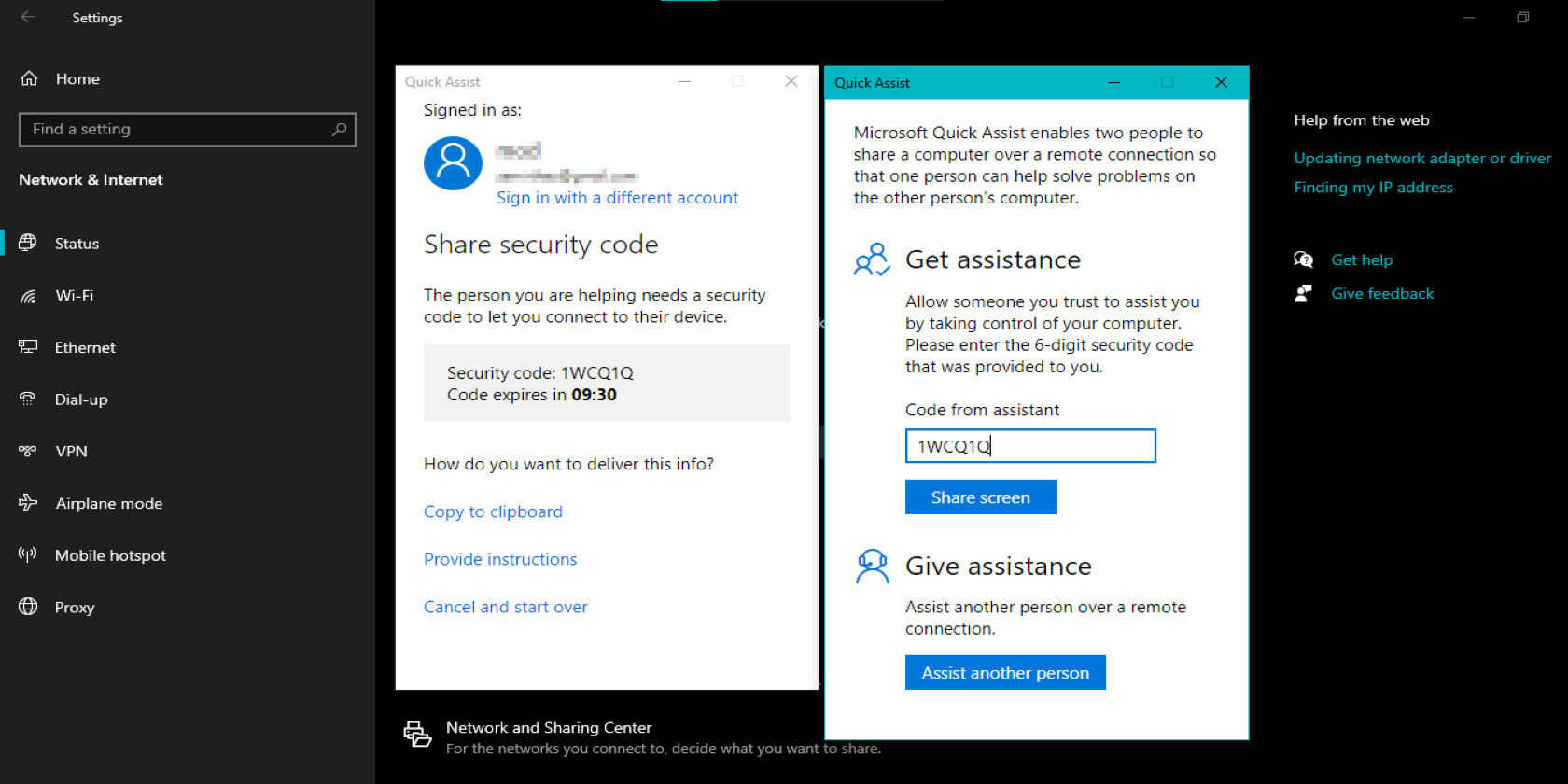 Quick assist page in Windows 11