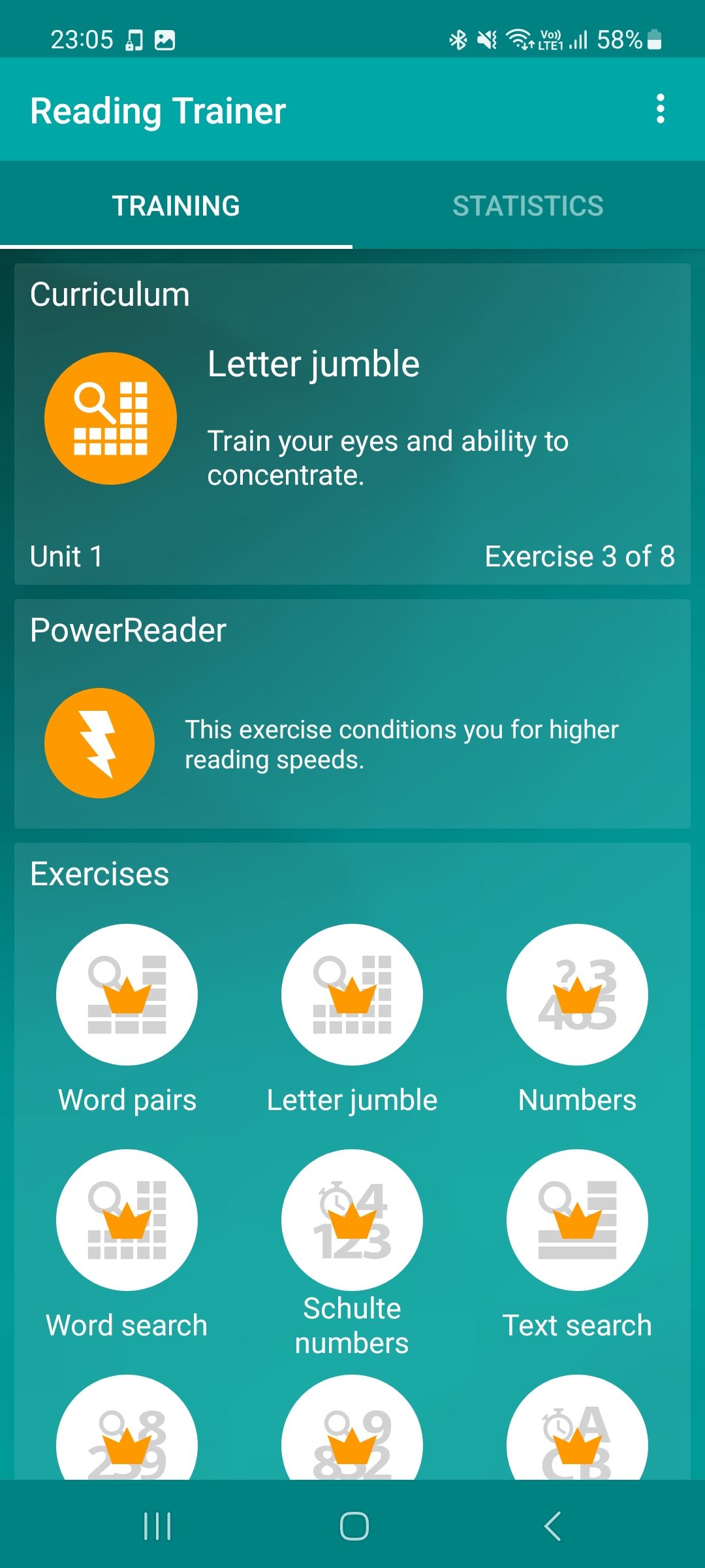 Range of reading speed exercises in Reading Trainer