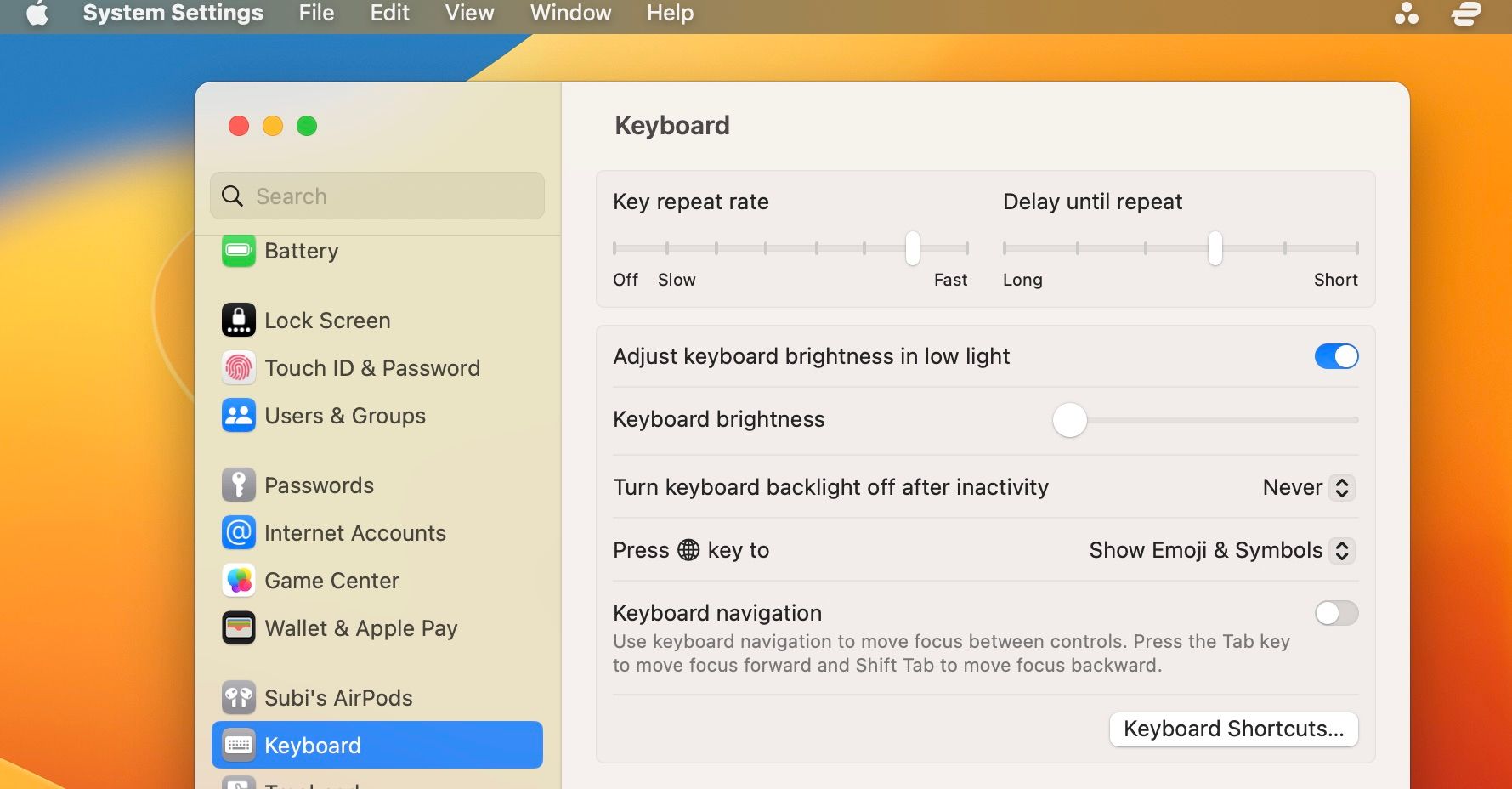 macbook keyboard default settings