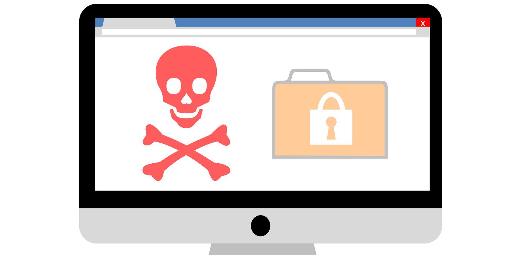 red skull and bones icon and locked file icon on computer screen
