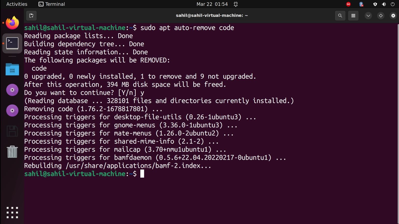 Ubuntu terminal window with code snippets to remove Visual Studio Code