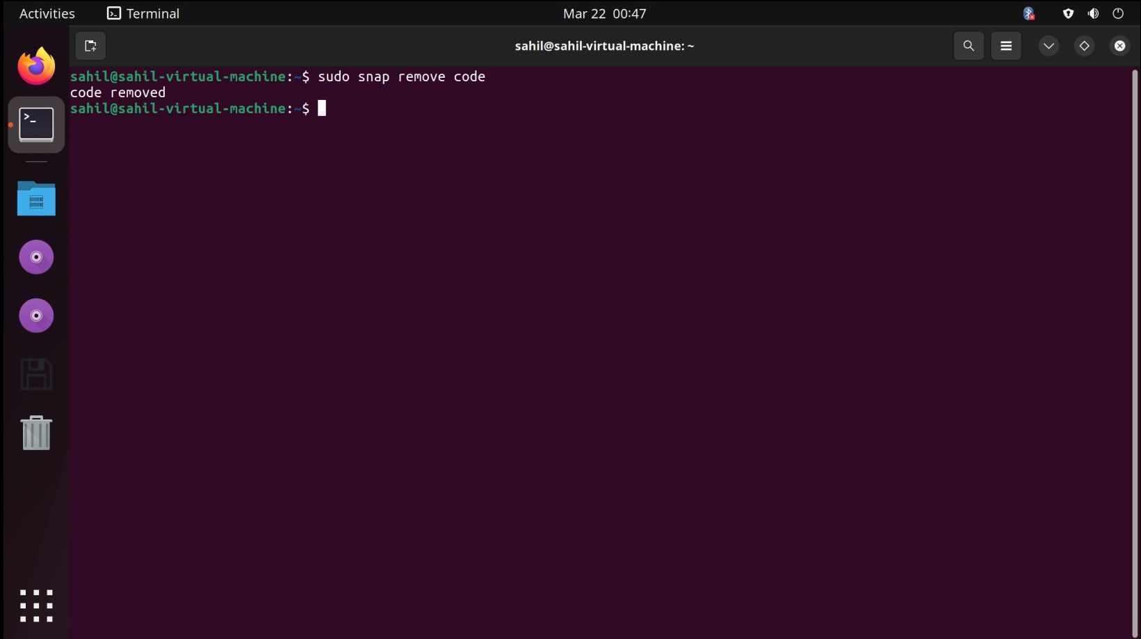 Code to remove Visual Studio Code via the terminal in Ubuntu