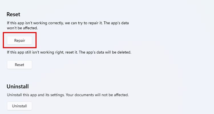repairing an app in Windows 11 settings