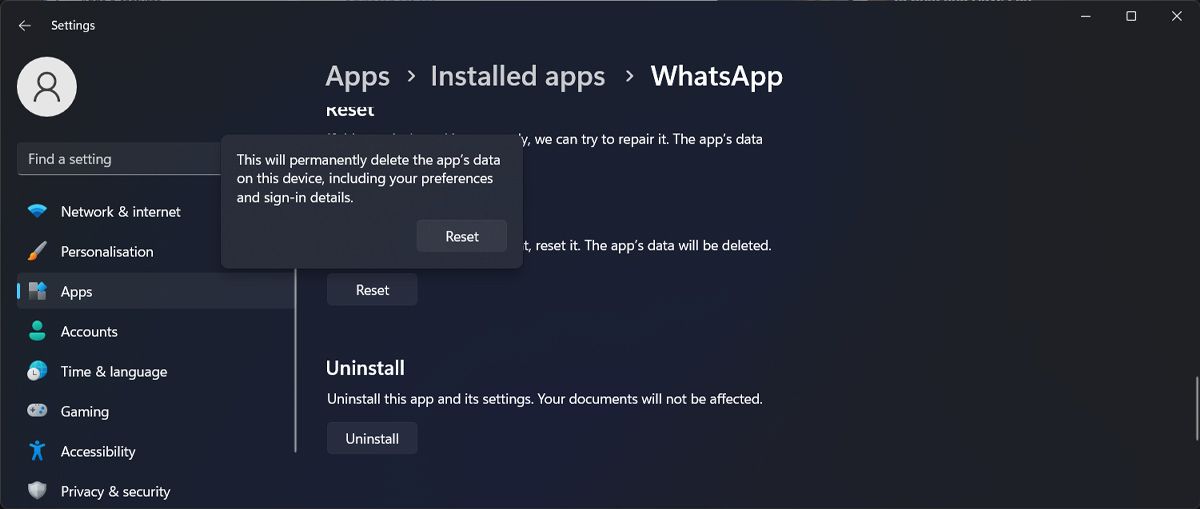 Reset the WhatsApp app on Windows