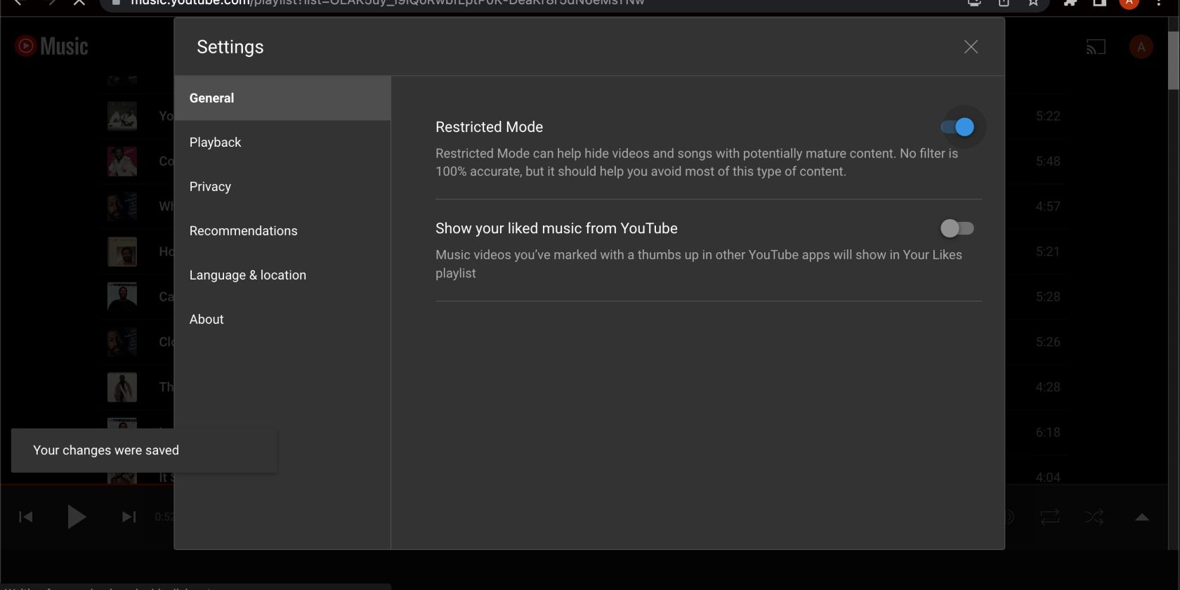 restricted mode enabled on YouTube Music for desktop