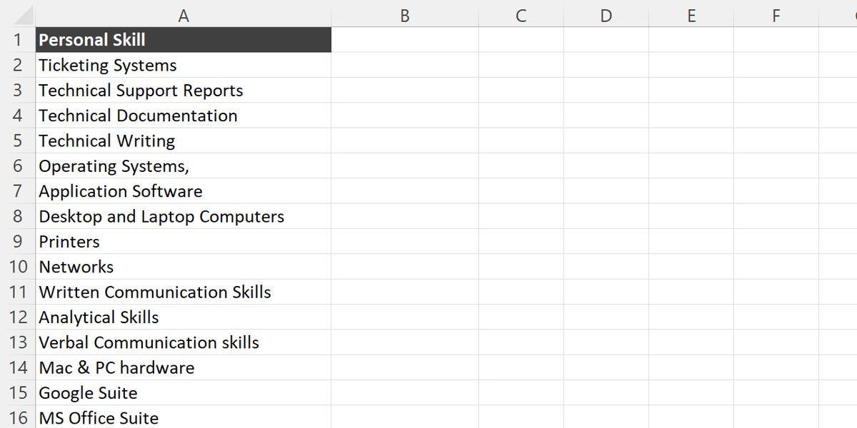 A list of skills from a resume in Excel.