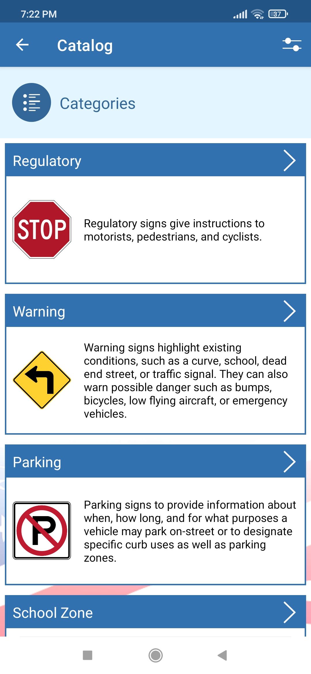 Road signs - US Traffic Rules app categories