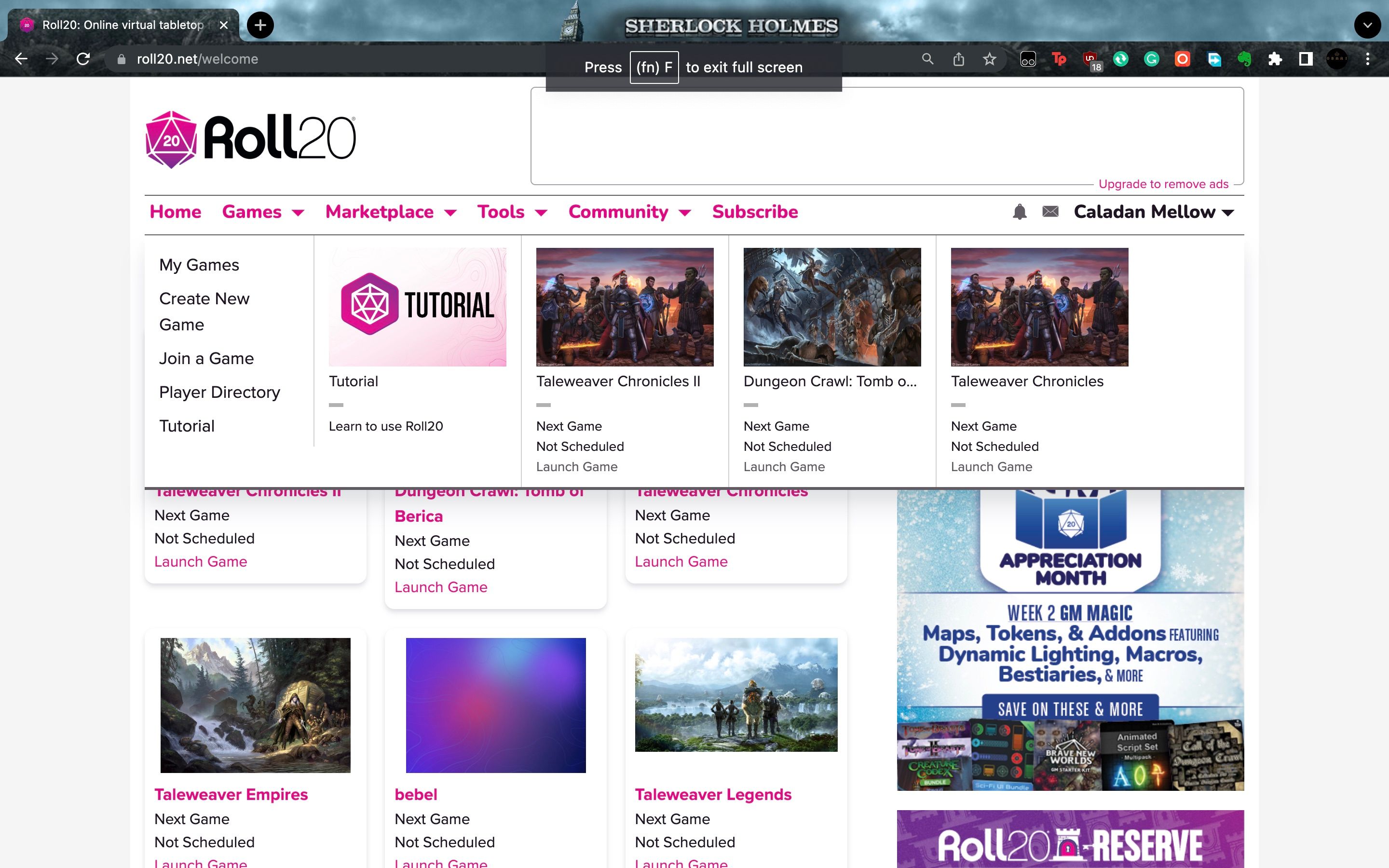 Roll20 home page displaying a list of games