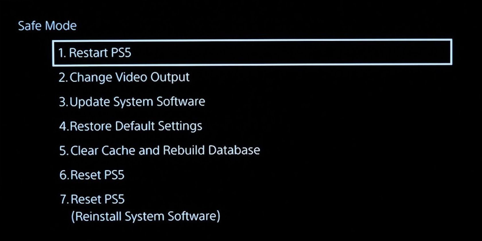 Safe Mode Menu On PS5 Console