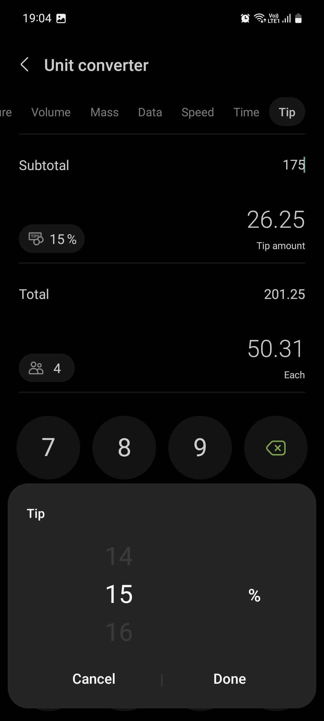 Samsung Calculator Unit converter for Tip percentage