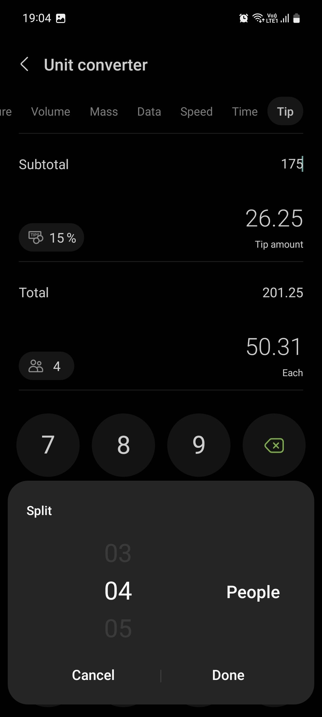 Samsung Calculator Unit converter for Tip split