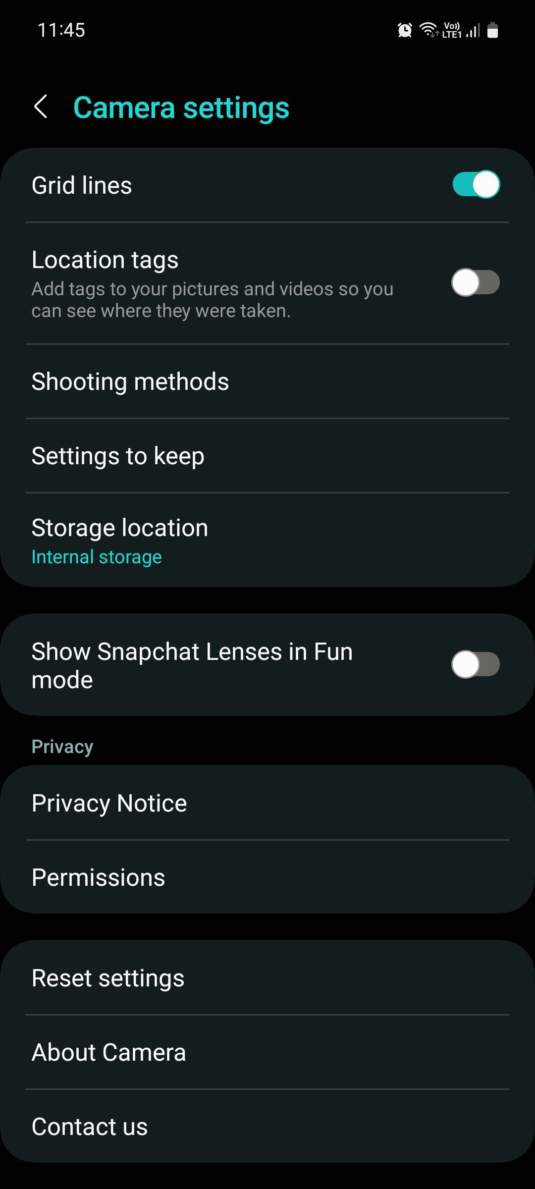 Samsung Camera app settings menu