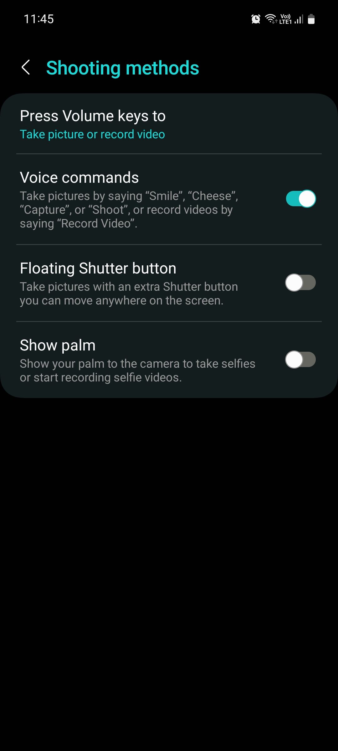 Samsung Camera app Shooting methods menu