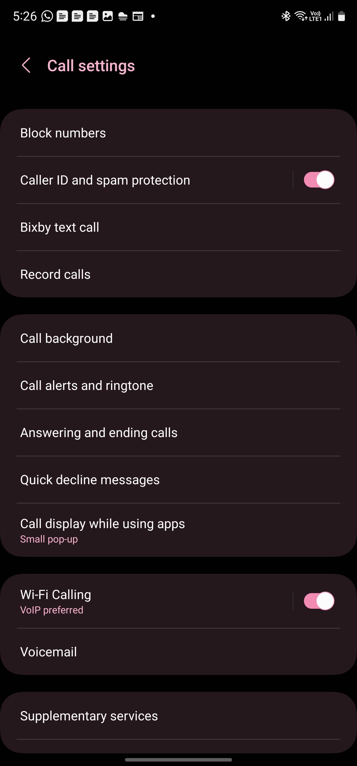 Phone app settings menu on the Samsung Galaxy S23