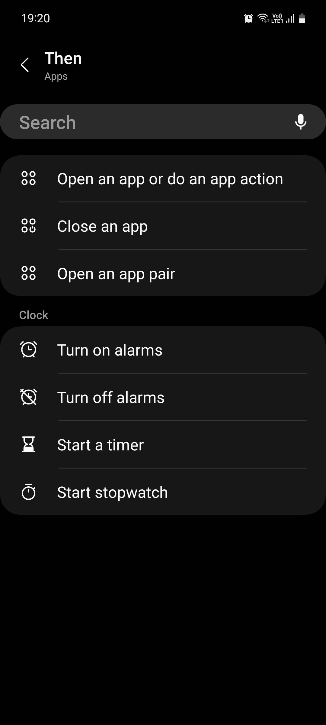 Samsung Modes and Routines Then commands under Apps section